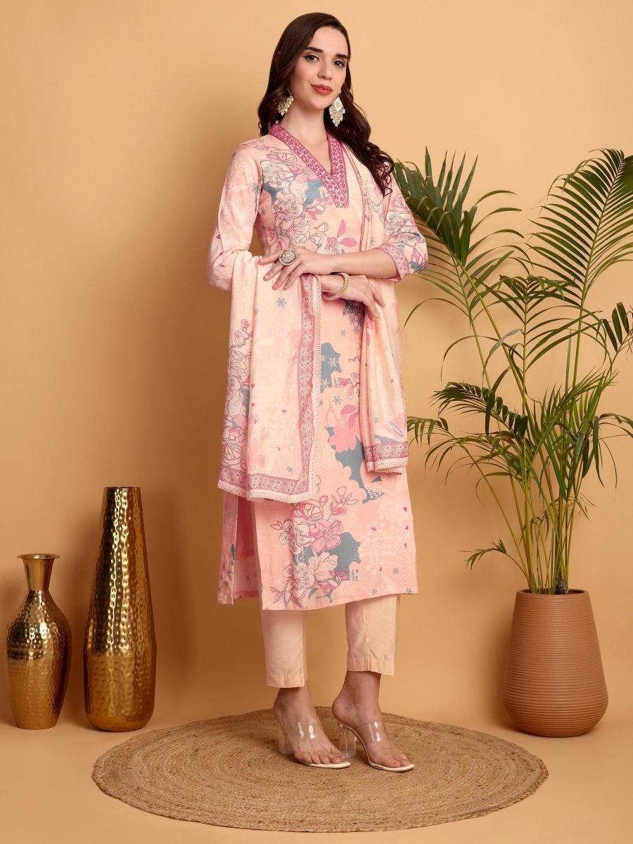 Peach Pink Floral Embroidered Kurta Set for Women – Handcrafted Ethnic Wear - CLOHI