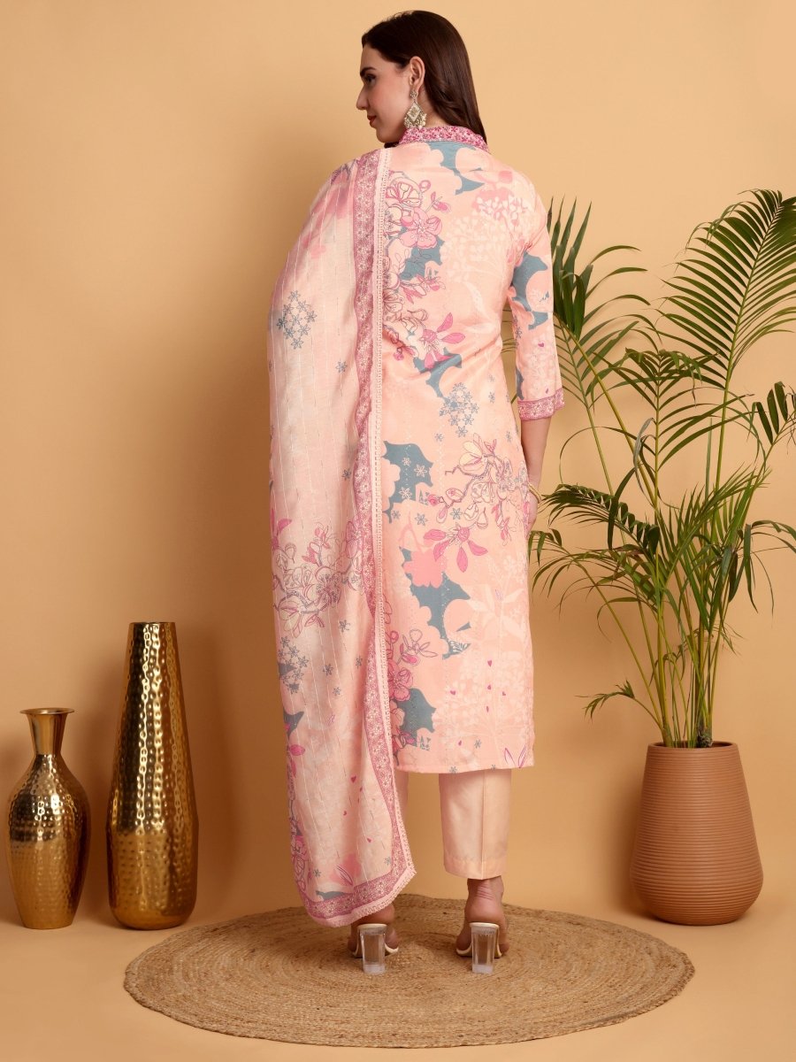 Peach Pink Floral Embroidered Kurta Set for Women – Handcrafted Ethnic Wear - CLOHI