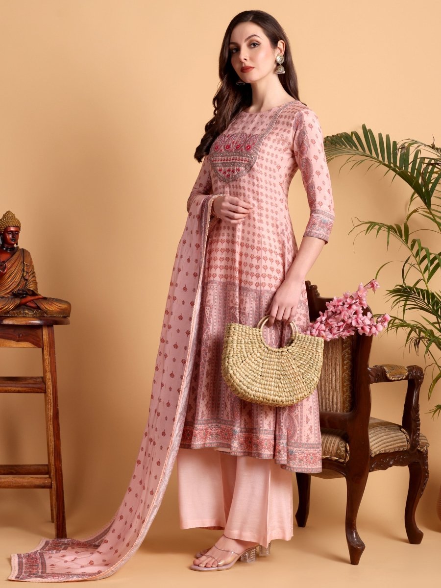 Pink Anarkali Kurta Set with Multi - Work Embroidered Yoke & Dupatta – Festive Ethnic Wear - CLOHI