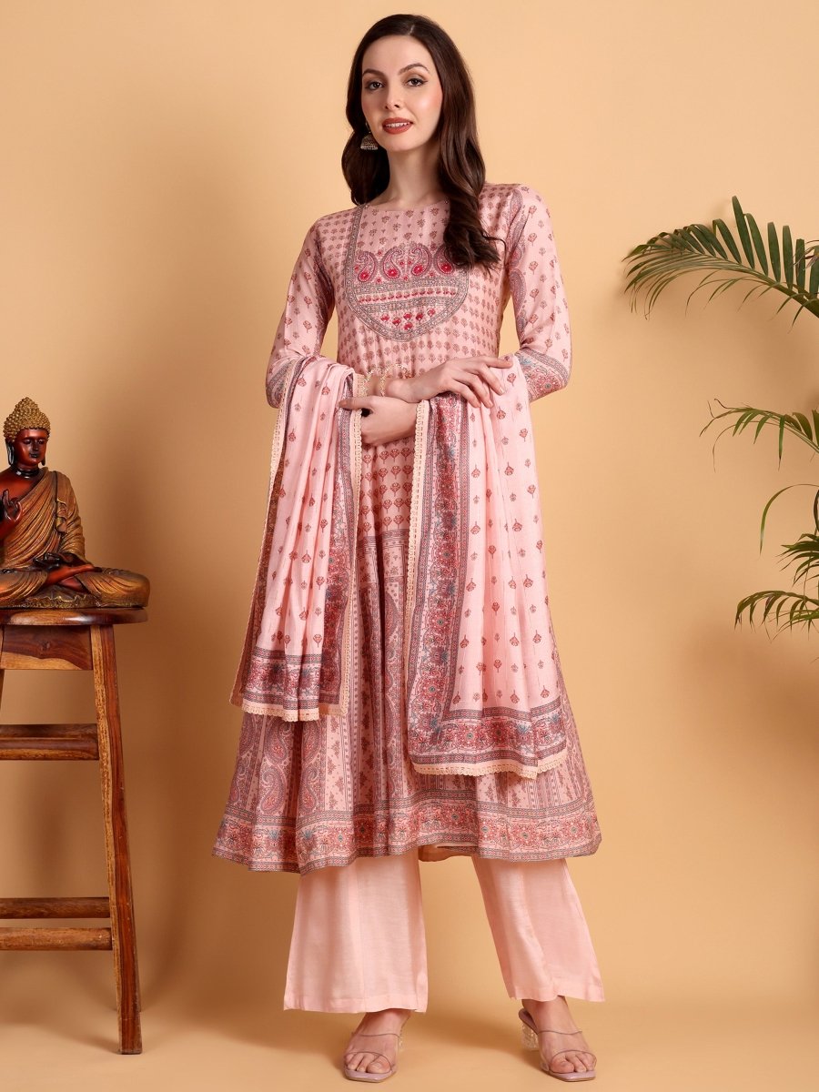 Pink Anarkali Kurta Set with Multi - Work Embroidered Yoke & Dupatta – Festive Ethnic Wear - CLOHI