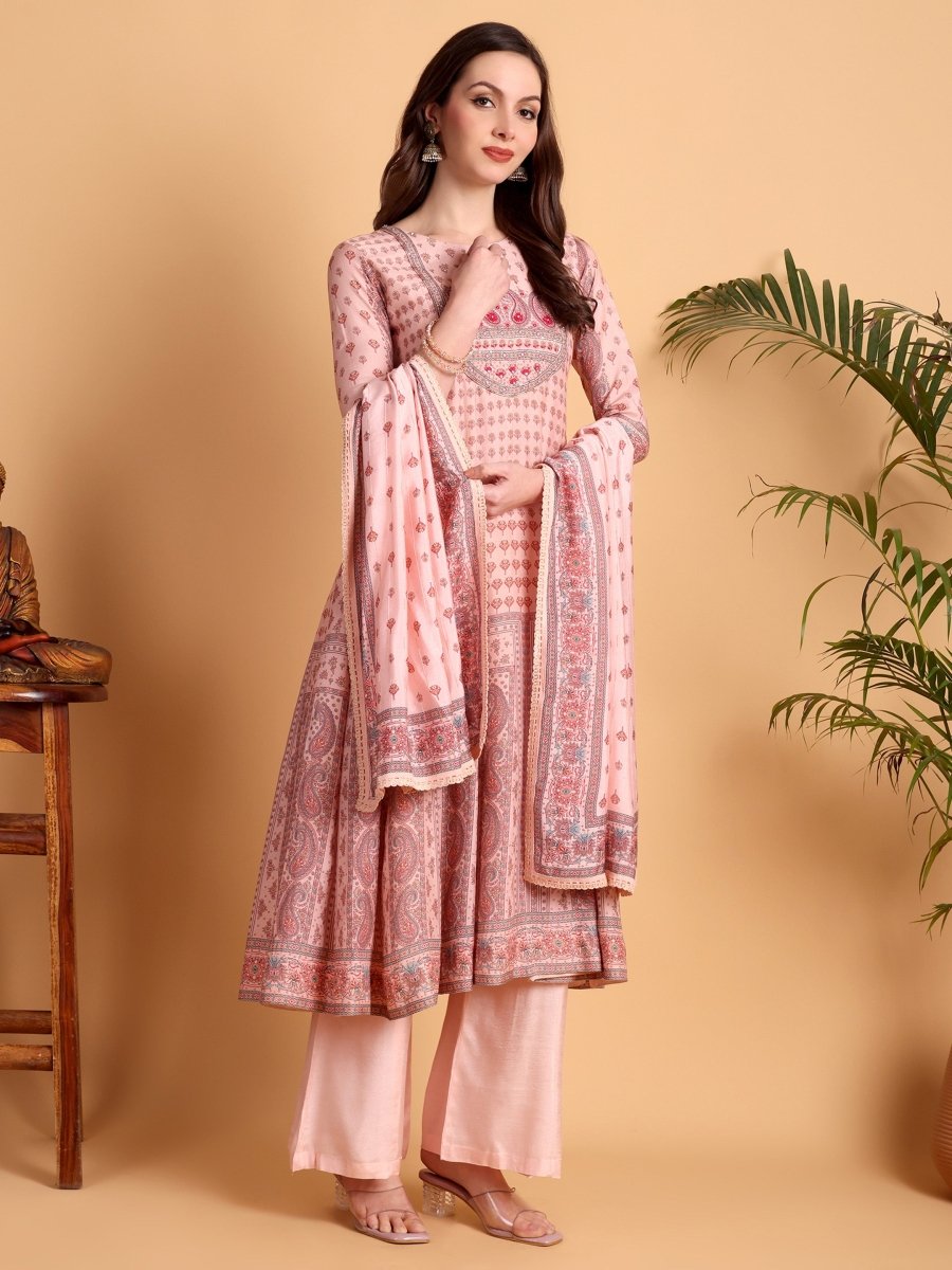 Pink Anarkali Kurta Set with Multi - Work Embroidered Yoke & Dupatta – Festive Ethnic Wear - CLOHI