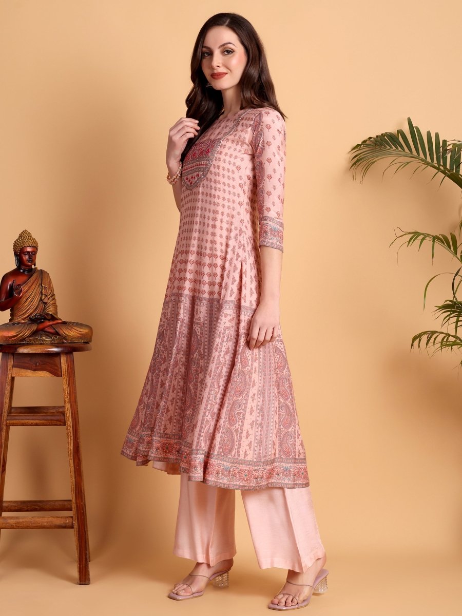 Pink Anarkali Kurta Set with Multi - Work Embroidered Yoke & Dupatta – Festive Ethnic Wear - CLOHI
