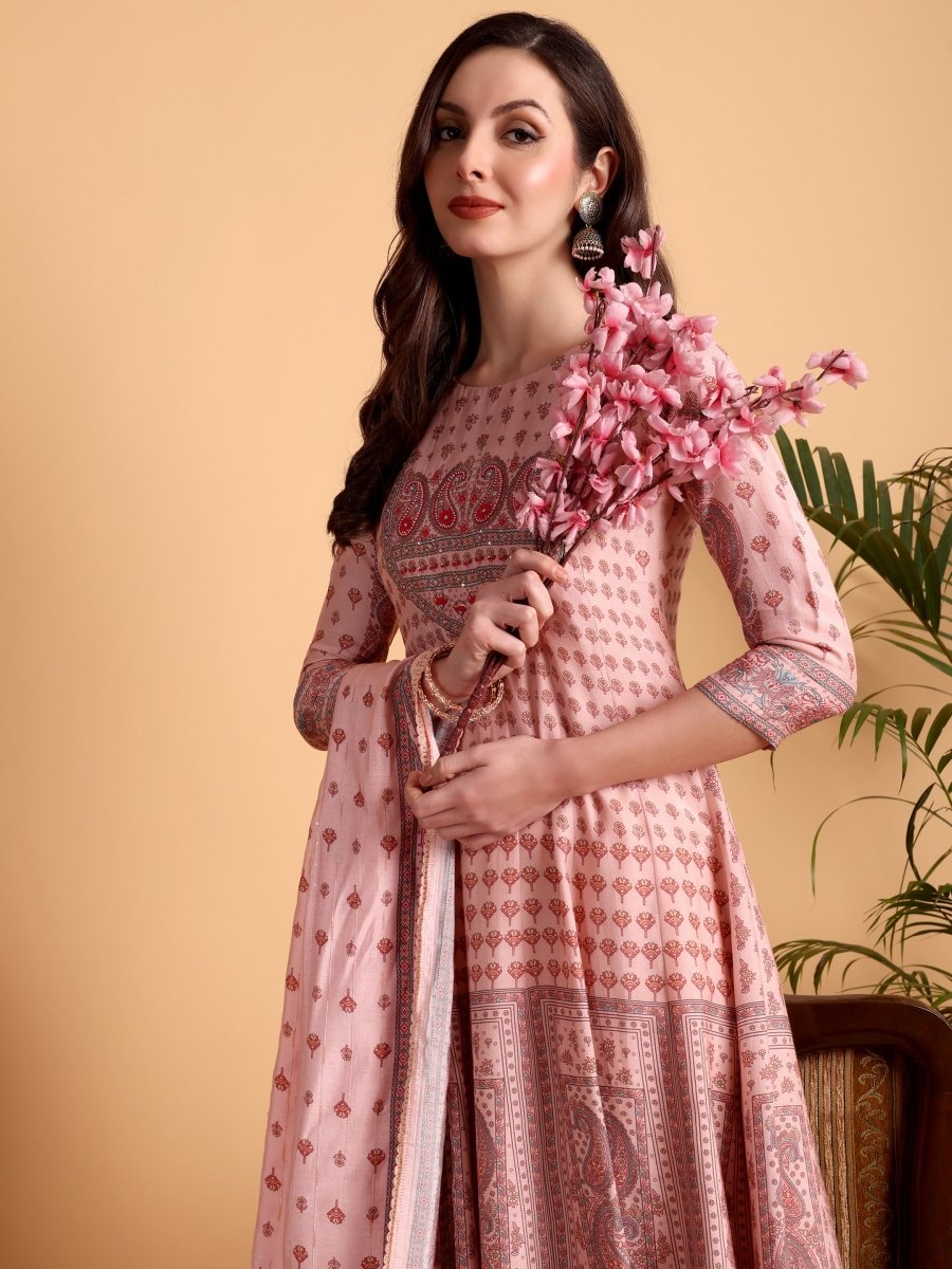 Pink Anarkali Kurta Set with Multi - Work Embroidered Yoke & Dupatta – Festive Ethnic Wear - CLOHI