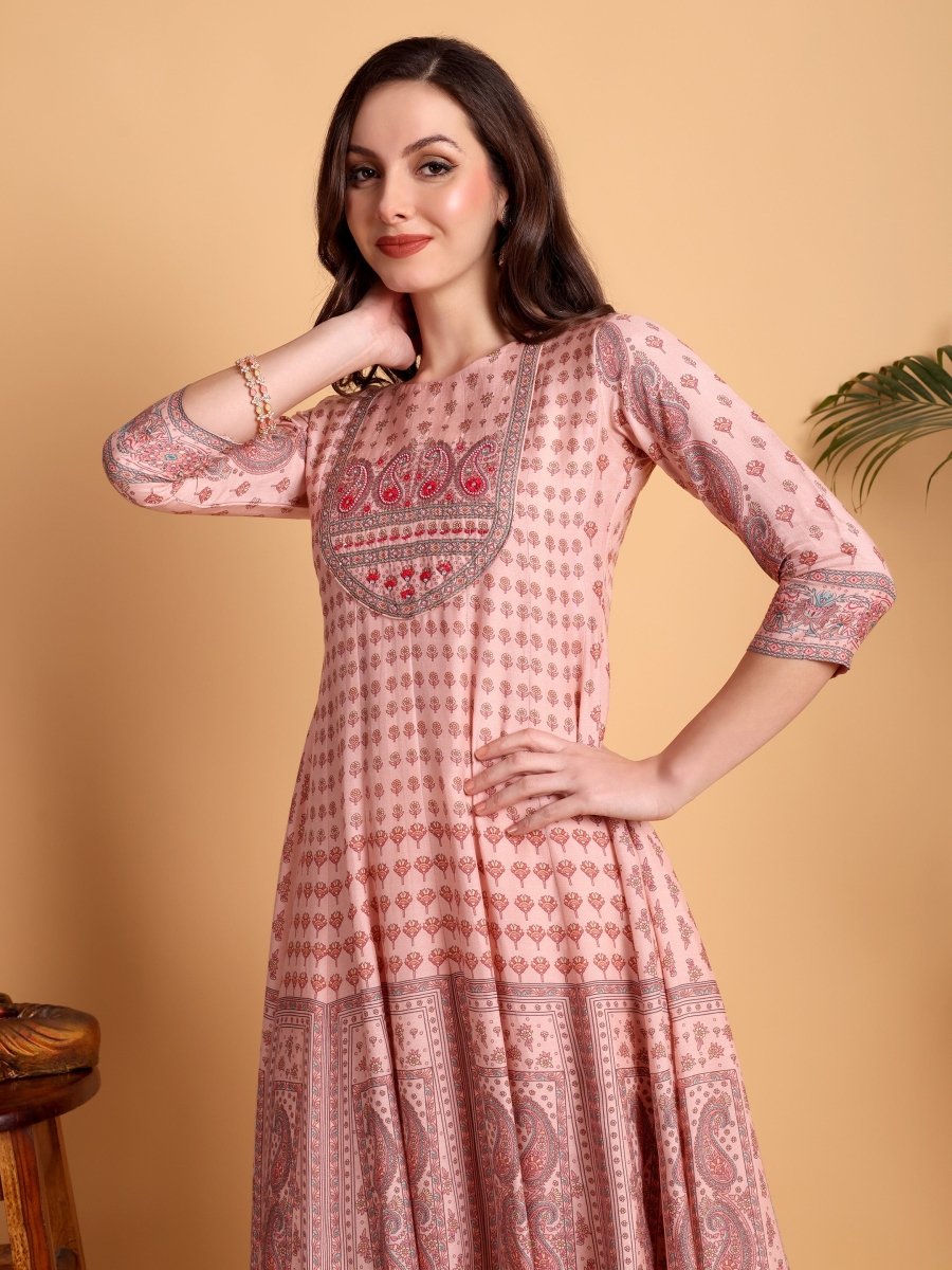 Pink Anarkali Kurta Set with Multi - Work Embroidered Yoke & Dupatta – Festive Ethnic Wear - CLOHI