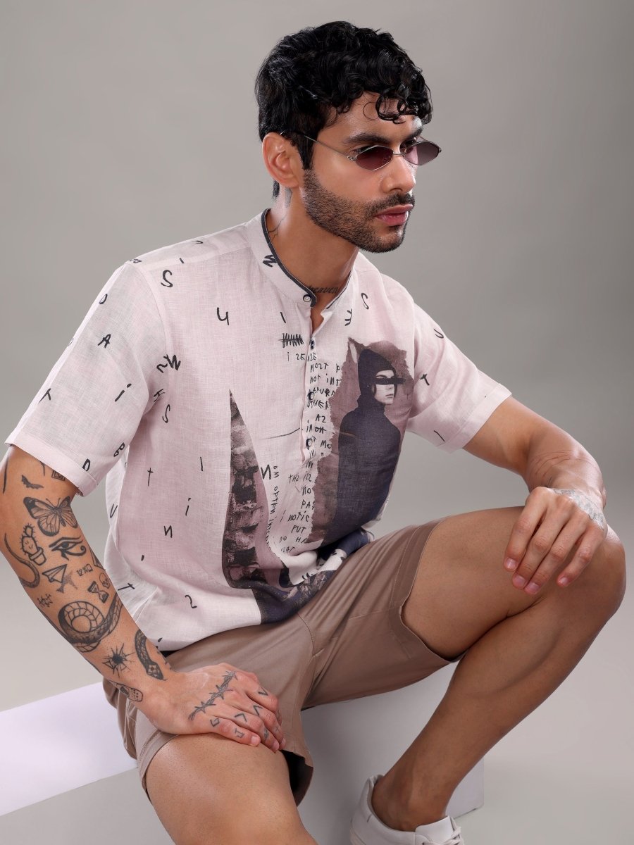 Pink Artistic Graphic Pure Linen Short Shirt - CLOHI