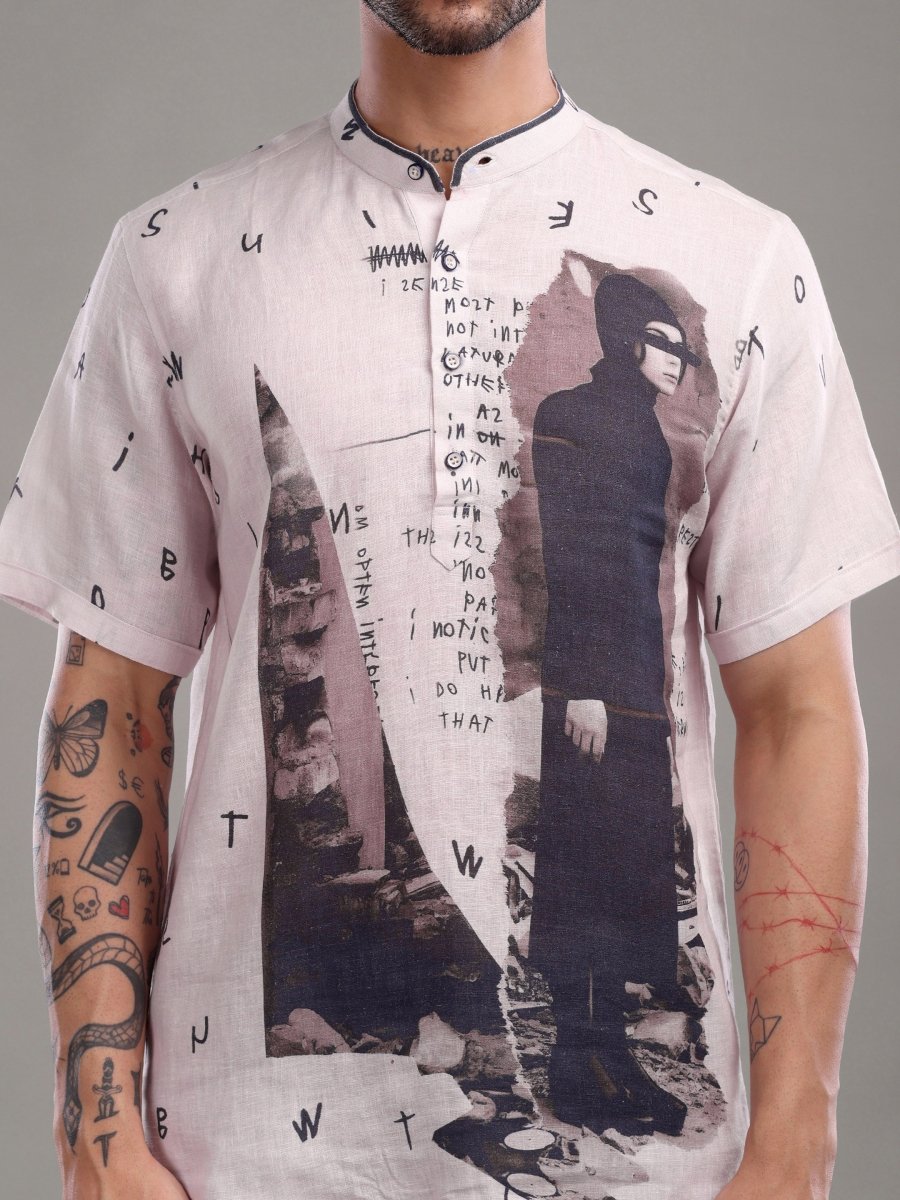 Pink Artistic Graphic Pure Linen Short Shirt - CLOHI