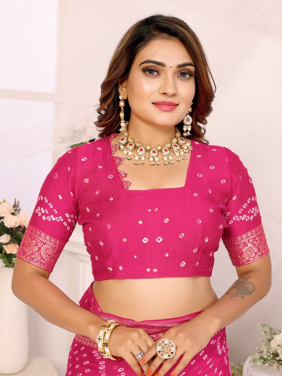 Pink Bandhani Saree with Golden Zari Paisley & Floral Weaving - CLOHI