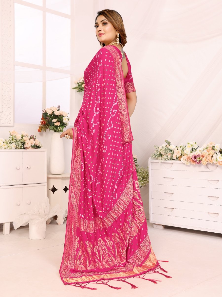Pink Bandhani Saree with Golden Zari Paisley & Floral Weaving - CLOHI