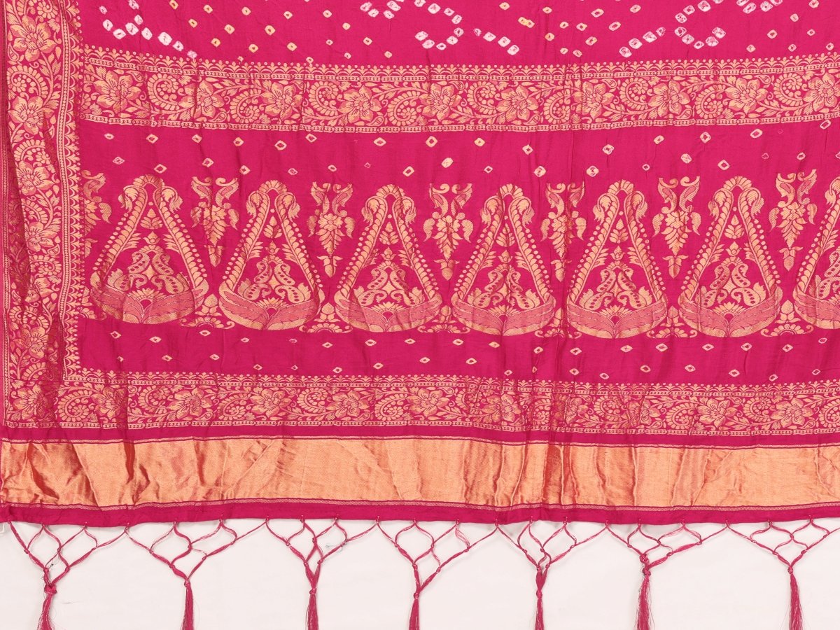 Pink Bandhani Saree with Golden Zari Paisley & Floral Weaving - CLOHI