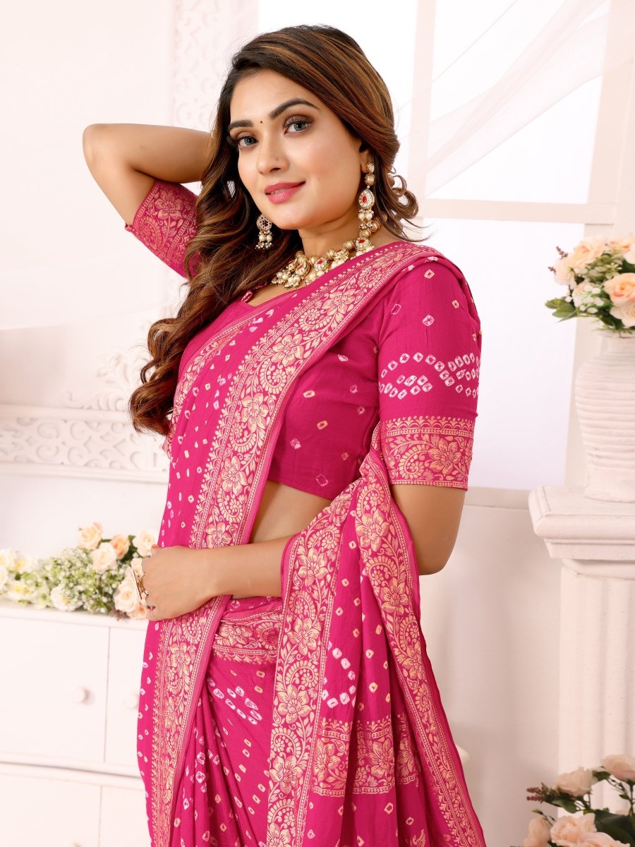 Pink Bandhani Saree with Golden Zari Paisley & Floral Weaving - CLOHI