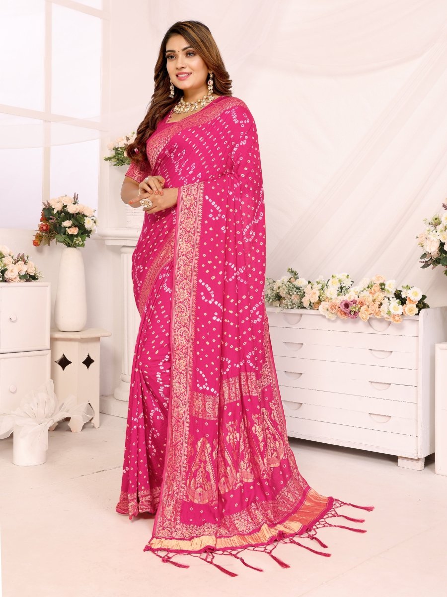Pink Bandhani Saree with Golden Zari Paisley & Floral Weaving - CLOHI