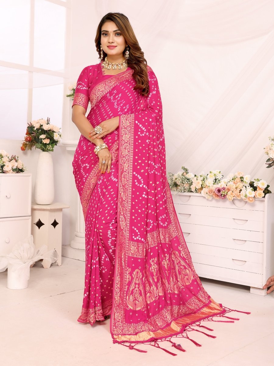 Pink Bandhani Saree with Golden Zari Paisley & Floral Weaving - CLOHI