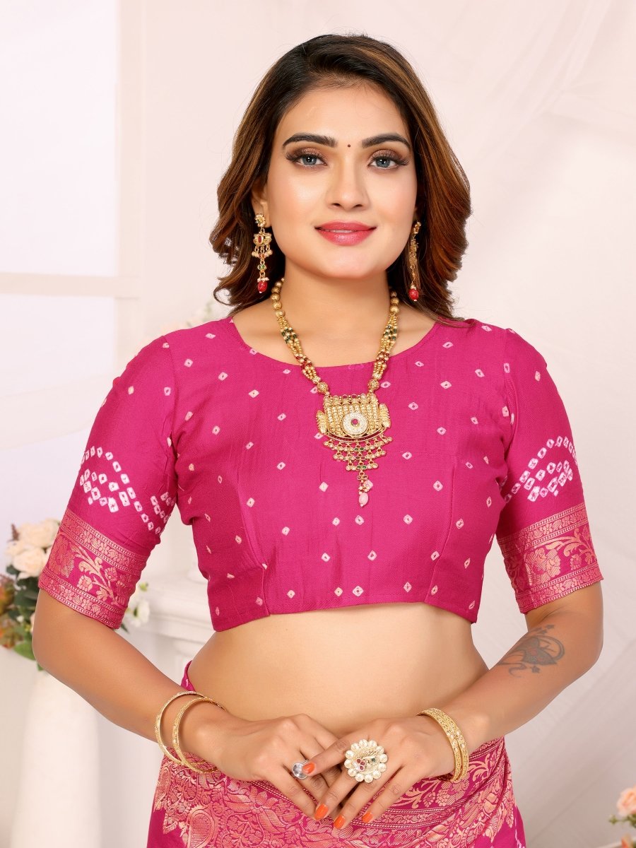 Pink Bandhani Saree with Zari Floral Buta & Paisley Jaal - CLOHI