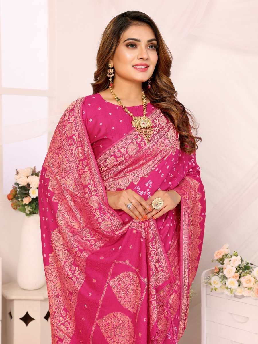 Pink Bandhani Saree with Zari Floral Buta & Paisley Jaal - CLOHI