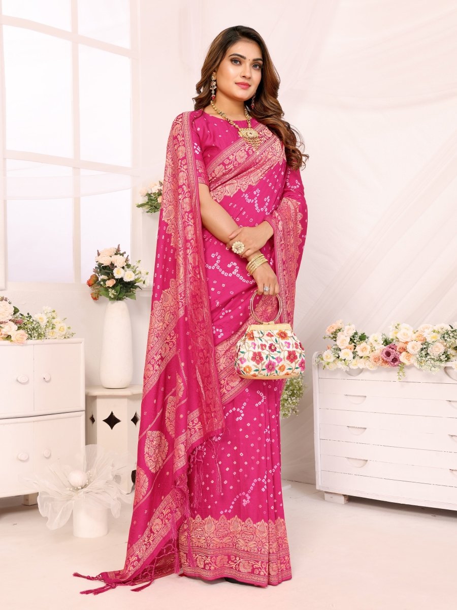 Pink Bandhani Saree with Zari Floral Buta & Paisley Jaal - CLOHI