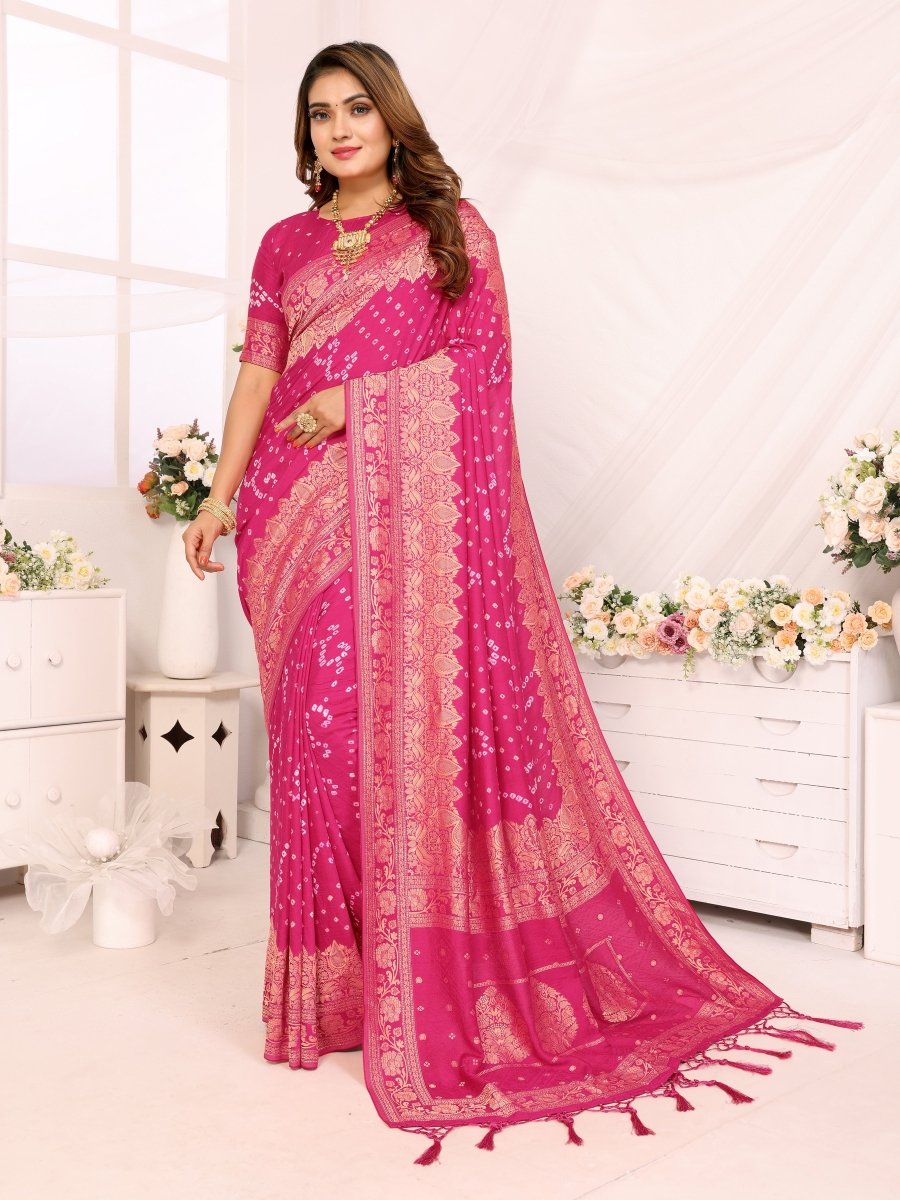 Pink Bandhani Saree with Zari Floral Buta & Paisley Jaal - CLOHI