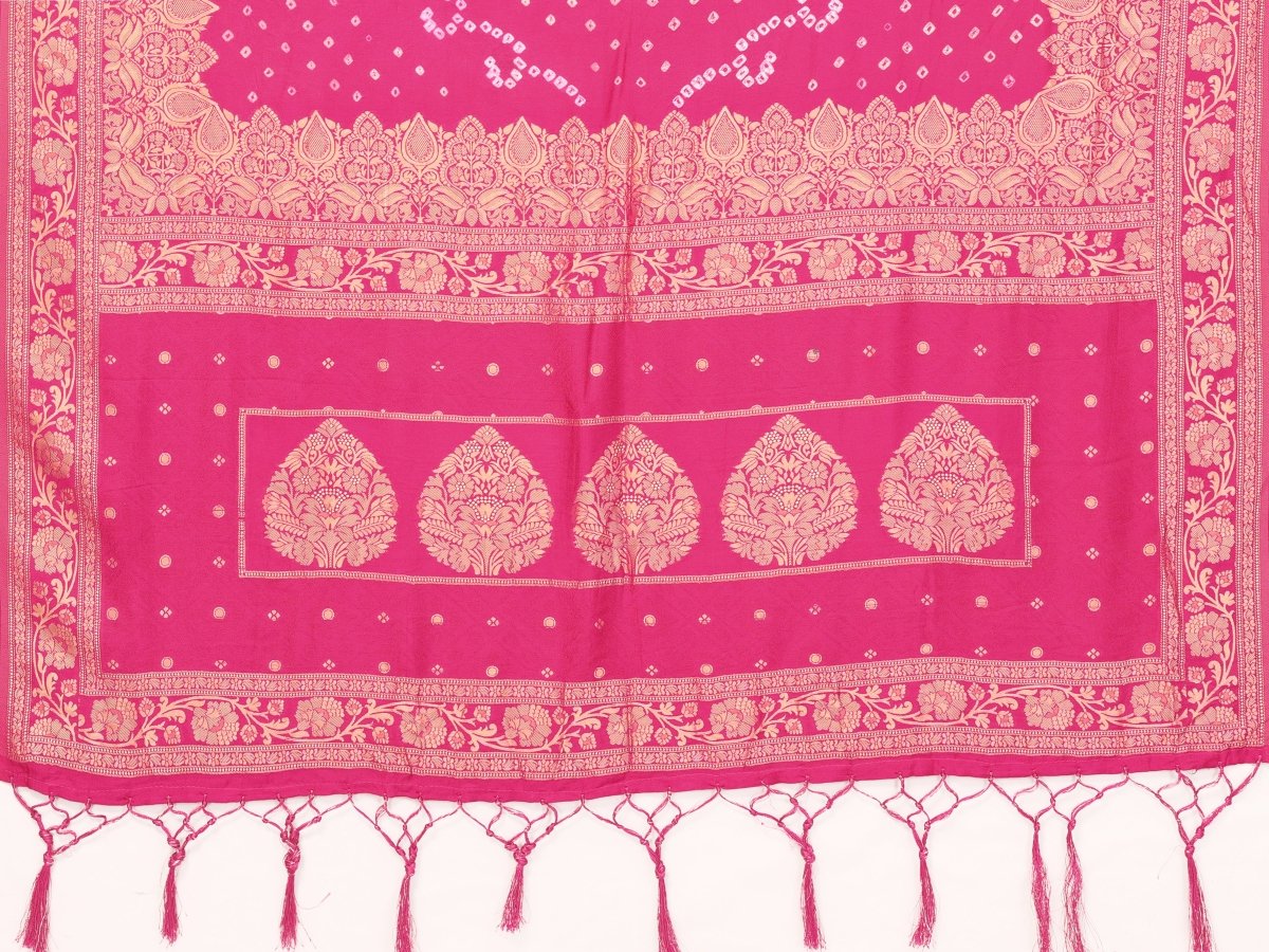 Pink Bandhani Saree with Zari Floral Buta & Paisley Jaal - CLOHI