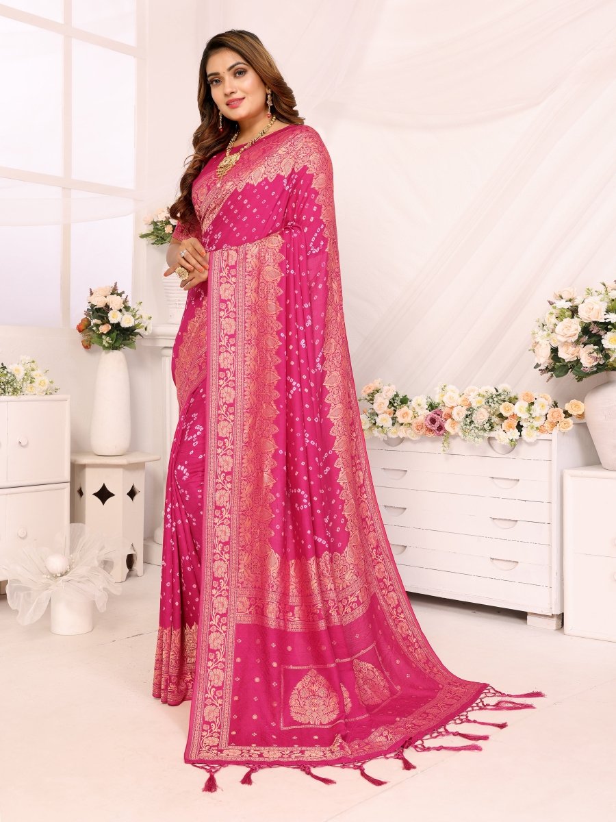 Pink Bandhani Saree with Zari Floral Buta & Paisley Jaal - CLOHI
