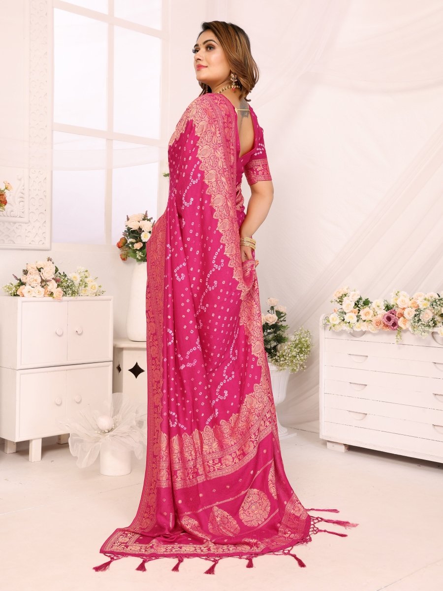 Pink Bandhani Saree with Zari Floral Buta & Paisley Jaal - CLOHI