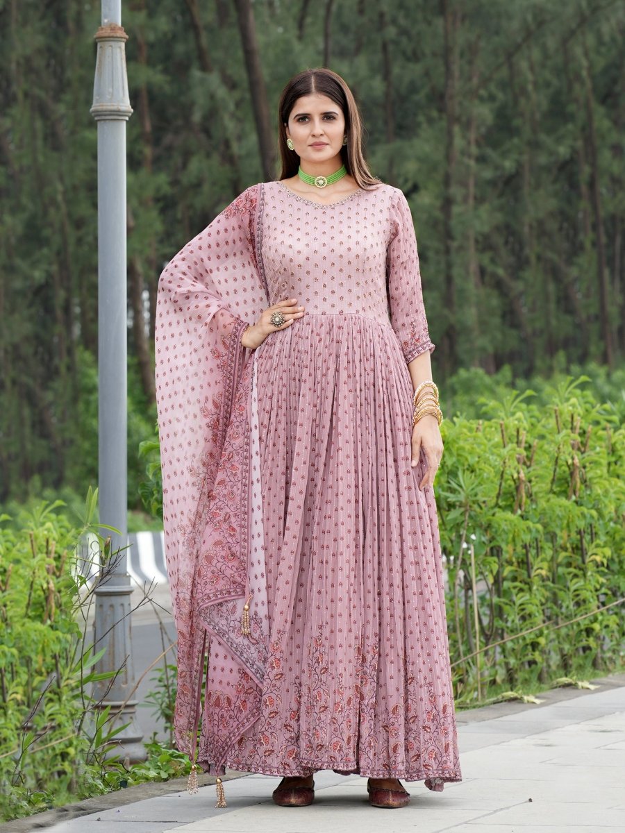 Pink Floral Chinon Silk Anarkali Gown Set - CLOHI