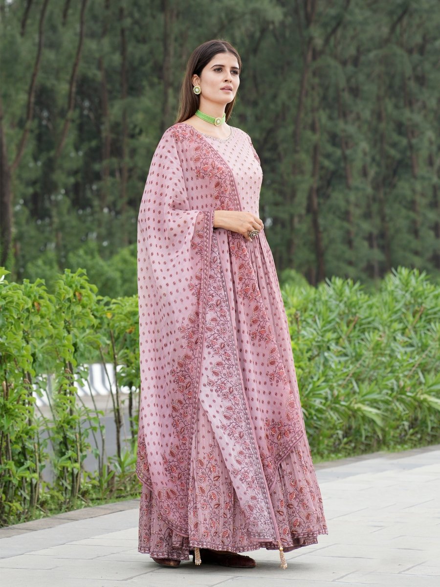 Pink Floral Chinon Silk Anarkali Gown Set - CLOHI