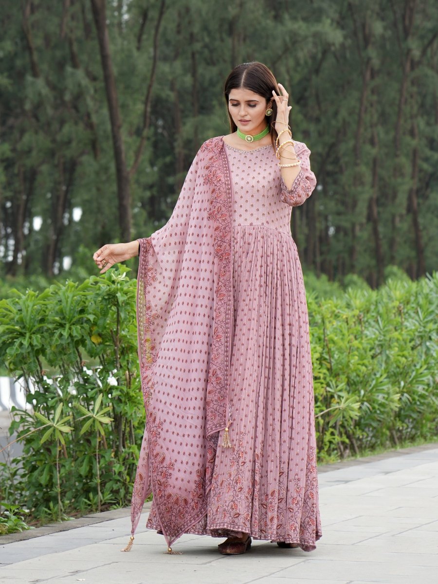 Pink Floral Chinon Silk Anarkali Gown Set - CLOHI
