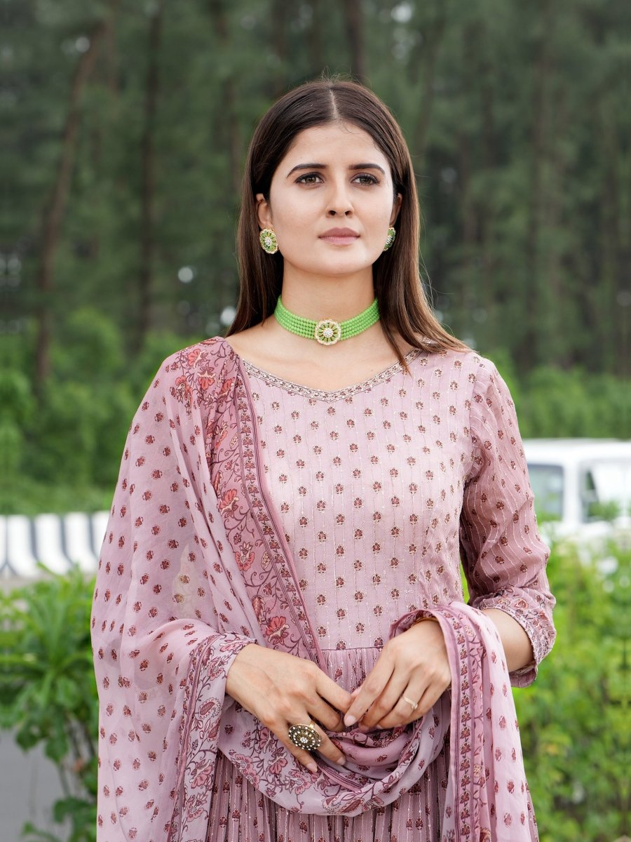 Pink Floral Chinon Silk Anarkali Gown Set - CLOHI