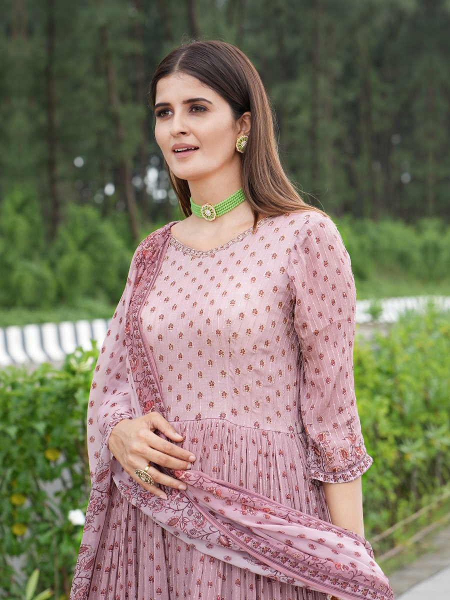 Pink Floral Chinon Silk Anarkali Gown Set - CLOHI
