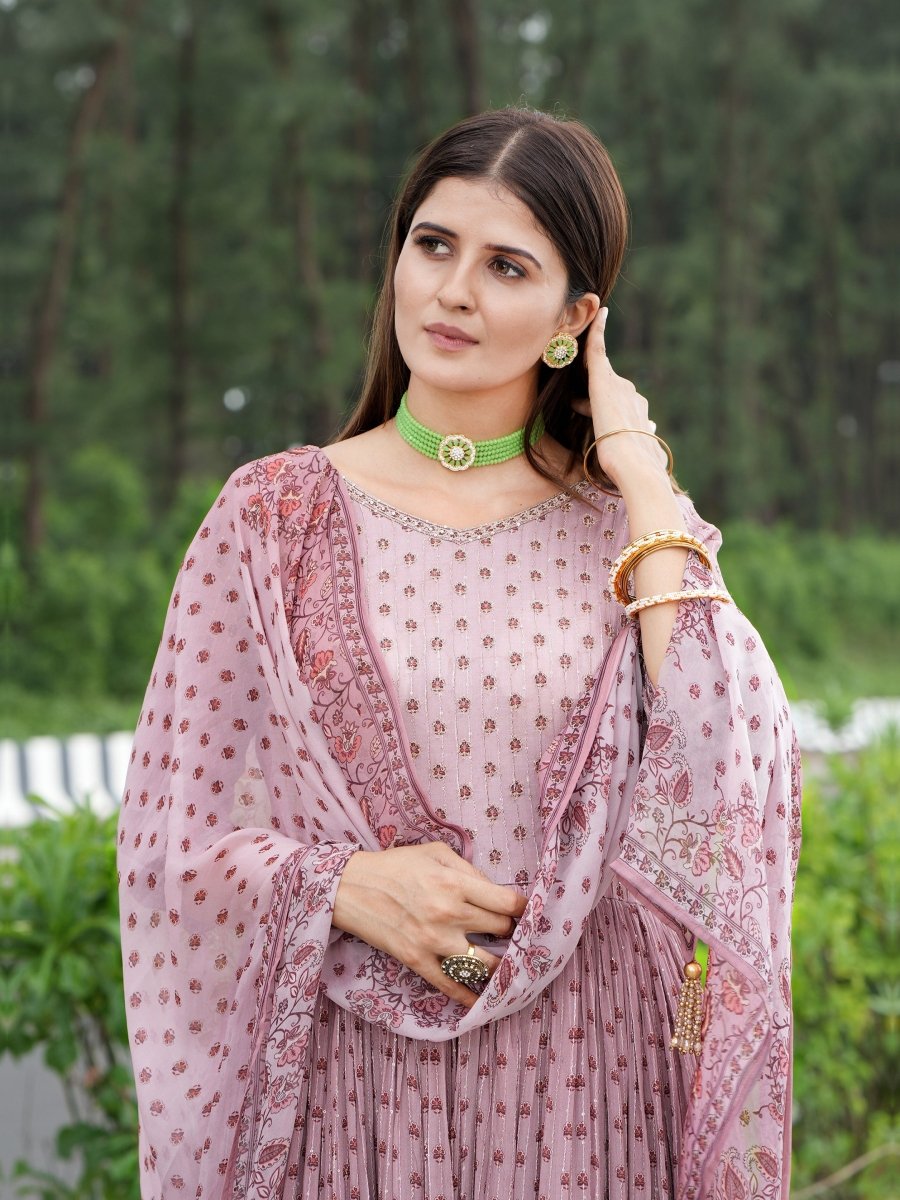 Pink Floral Chinon Silk Anarkali Gown Set - CLOHI