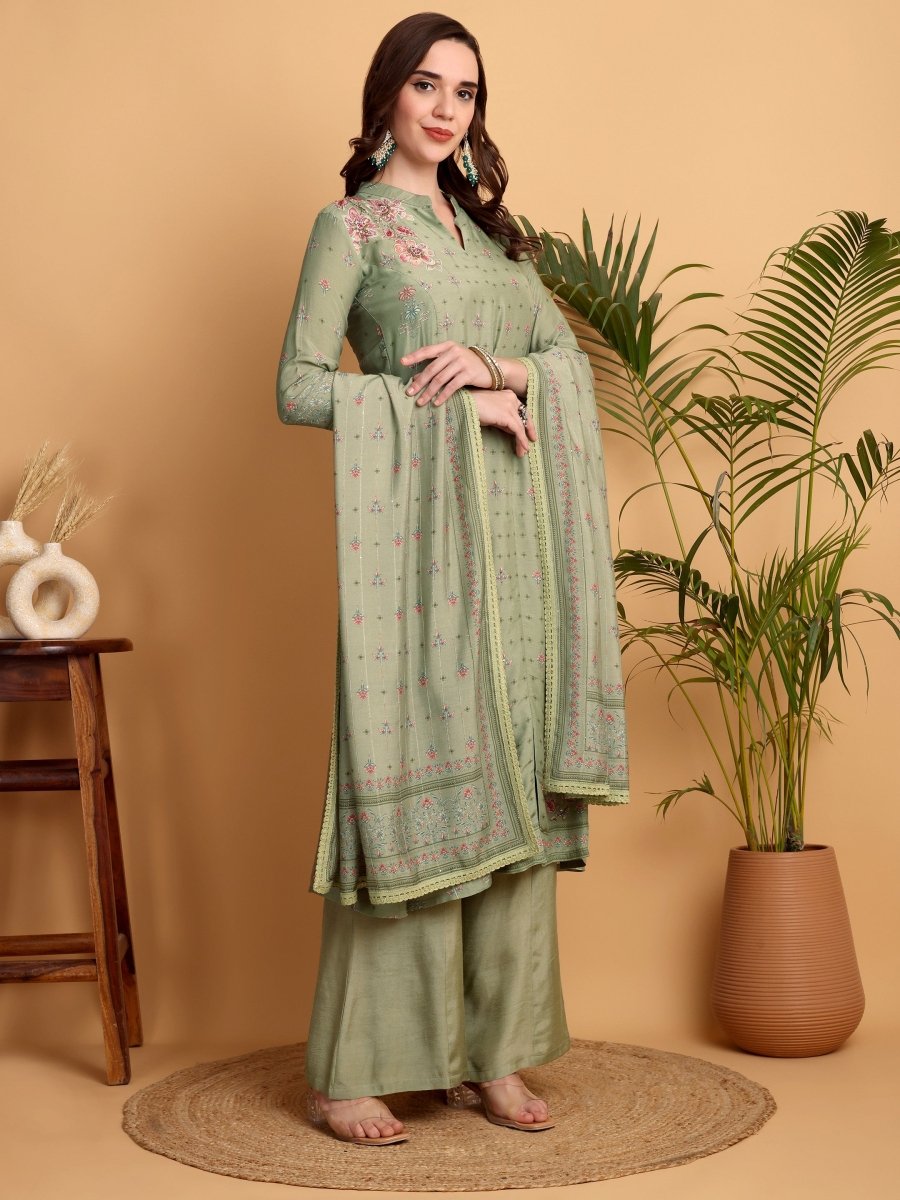 Pista Green A - Line Princess Cut Kurta Set with Hand Embroidery & Chanderi Dupatta - CLOHI