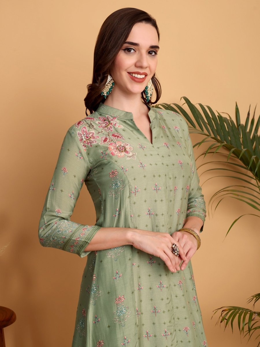 Pista Green A - Line Princess Cut Kurta Set with Hand Embroidery & Chanderi Dupatta - CLOHI