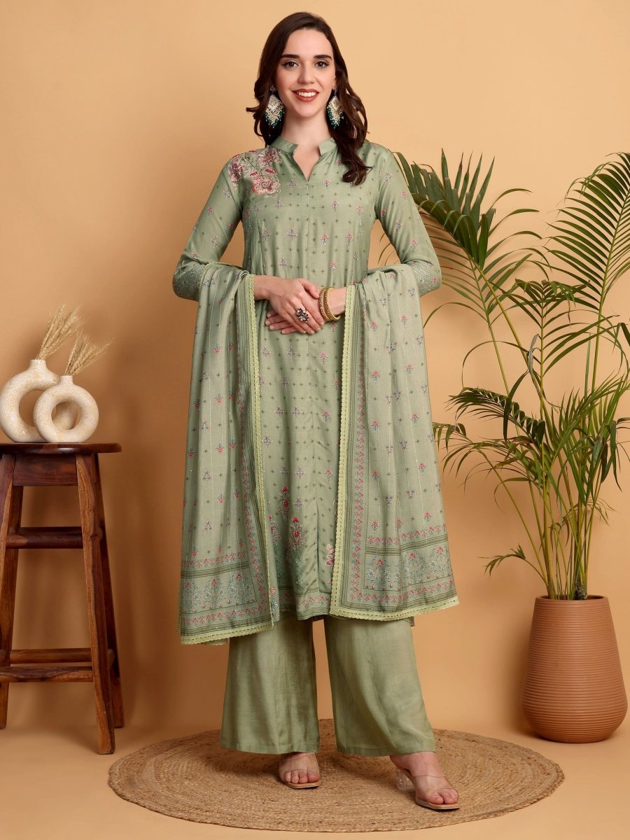 Pista Green A - Line Princess Cut Kurta Set with Hand Embroidery & Chanderi Dupatta - CLOHI