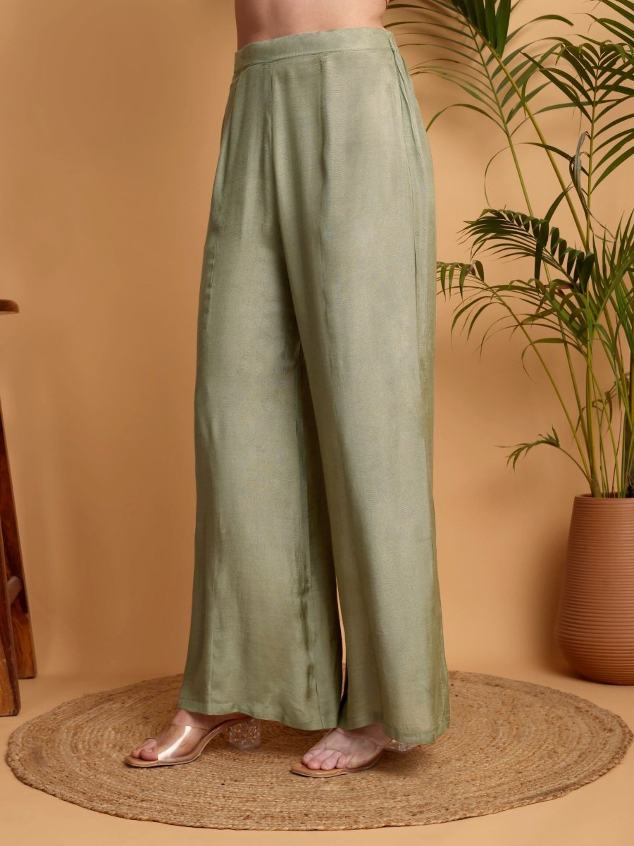 Pista Green A - Line Princess Cut Kurta Set with Hand Embroidery & Chanderi Dupatta - CLOHI