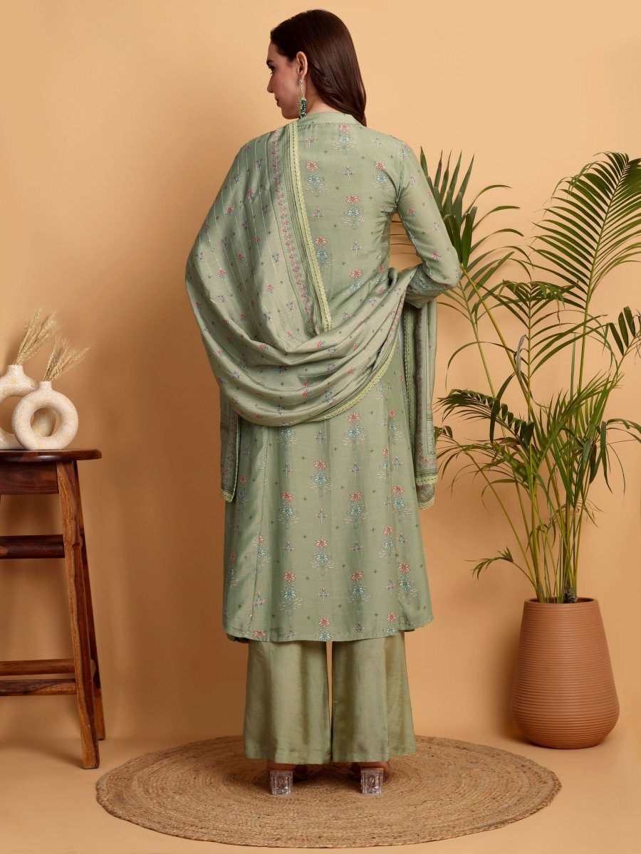 Pista Green A - Line Princess Cut Kurta Set with Hand Embroidery & Chanderi Dupatta - CLOHI