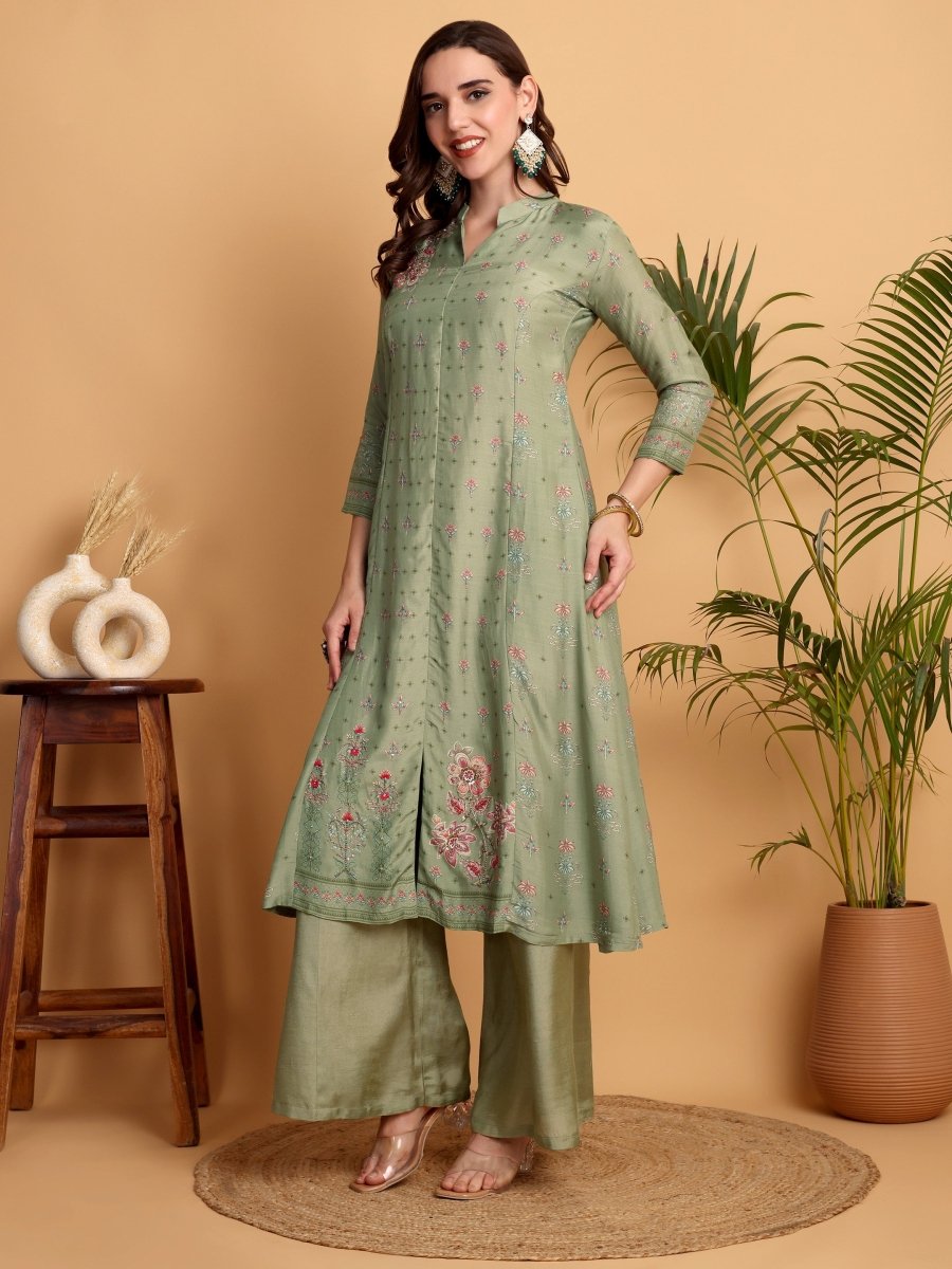 Pista Green A - Line Princess Cut Kurta Set with Hand Embroidery & Chanderi Dupatta - CLOHI