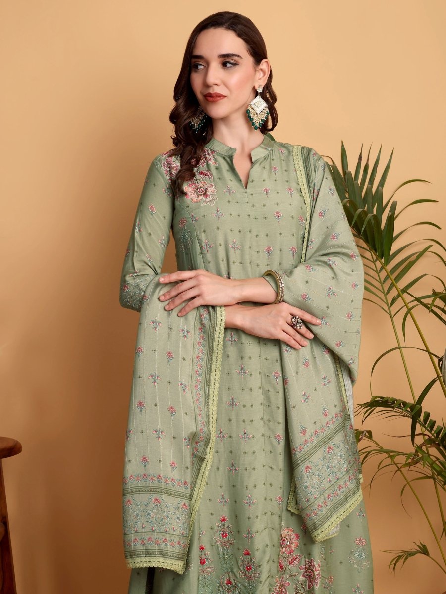 Pista Green A - Line Princess Cut Kurta Set with Hand Embroidery & Chanderi Dupatta - CLOHI