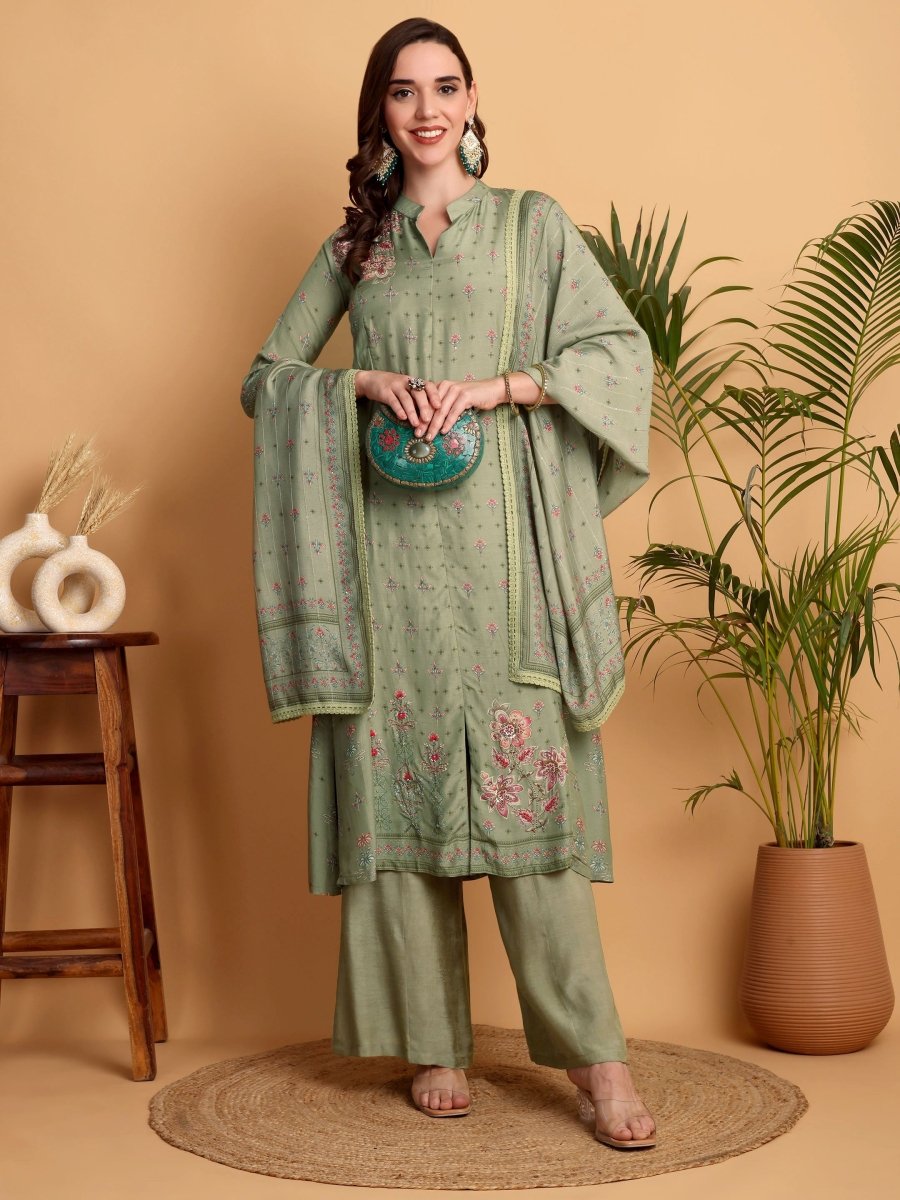 Pista Green A - Line Princess Cut Kurta Set with Hand Embroidery & Chanderi Dupatta - CLOHI