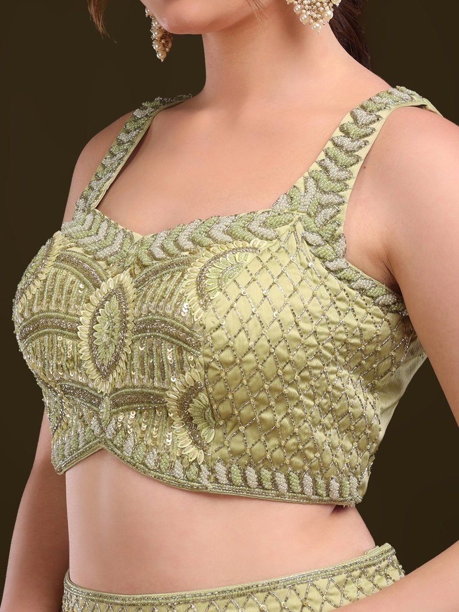 Pista Green Embroidered Crop Top with Palazzo & Draped Dupatta Set - CLOHI