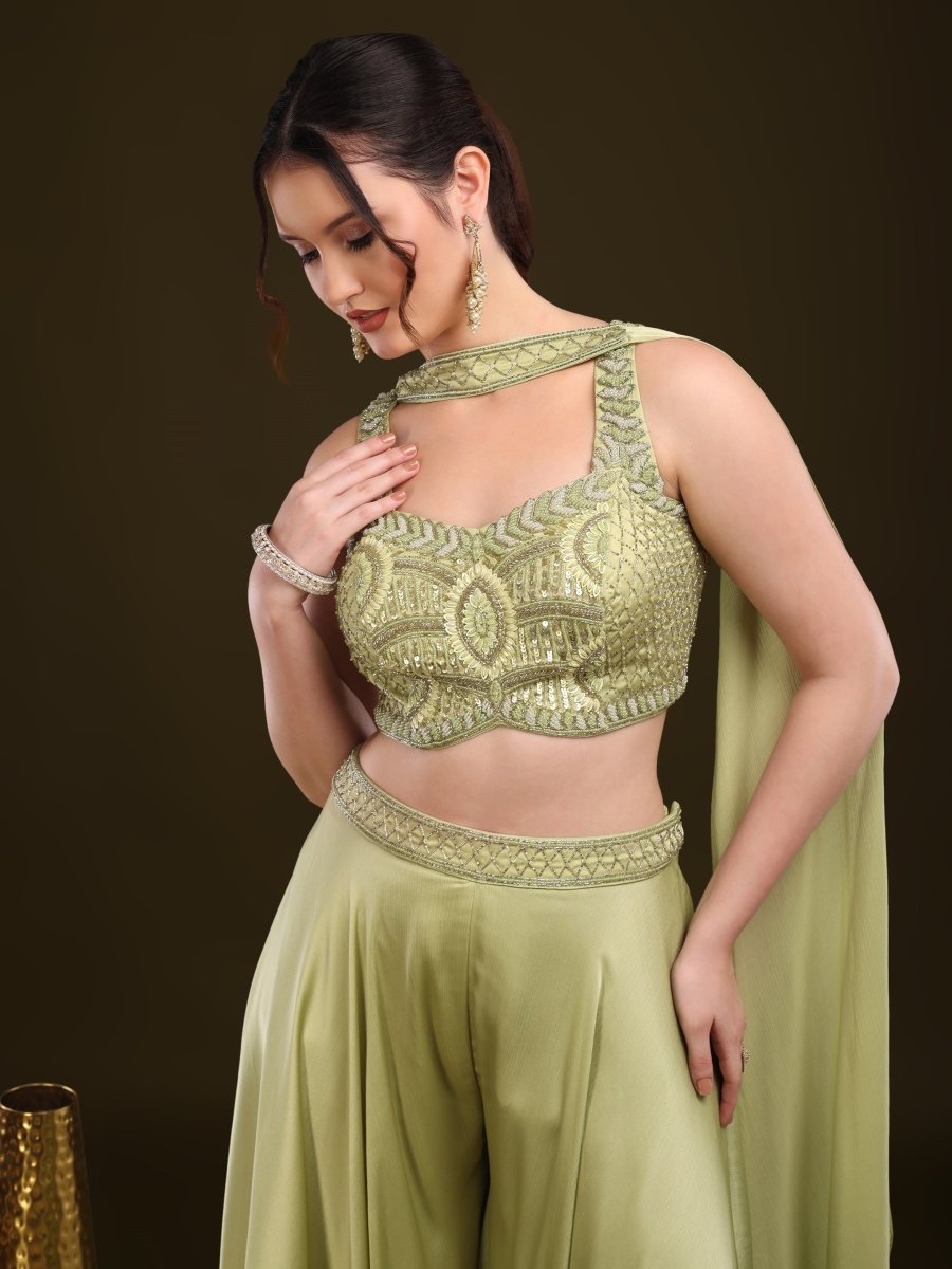 Pista Green Embroidered Crop Top with Palazzo & Draped Dupatta Set - CLOHI