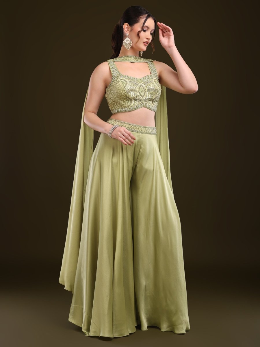 Pista Green Embroidered Crop Top with Palazzo & Draped Dupatta Set - CLOHI