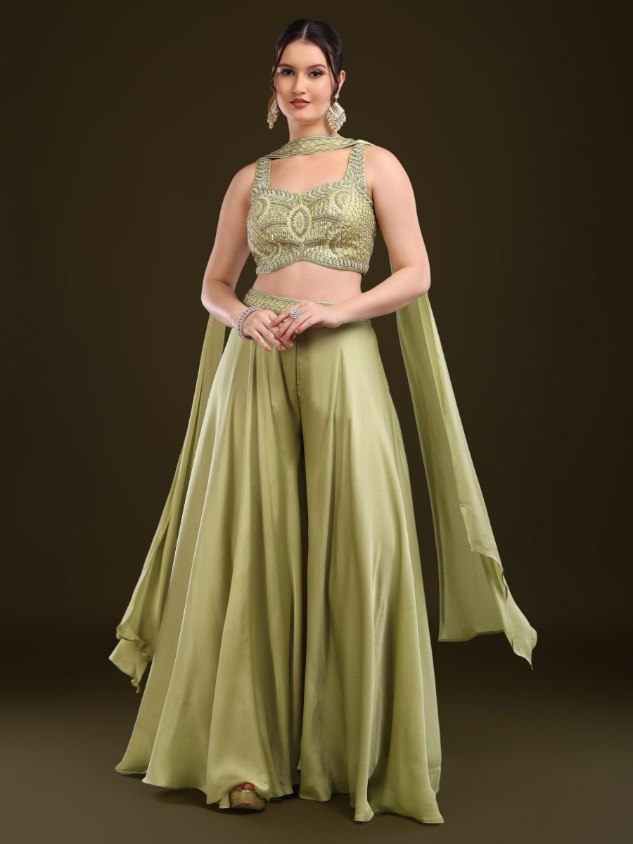 Pista Green Embroidered Crop Top with Palazzo & Draped Dupatta Set - CLOHI