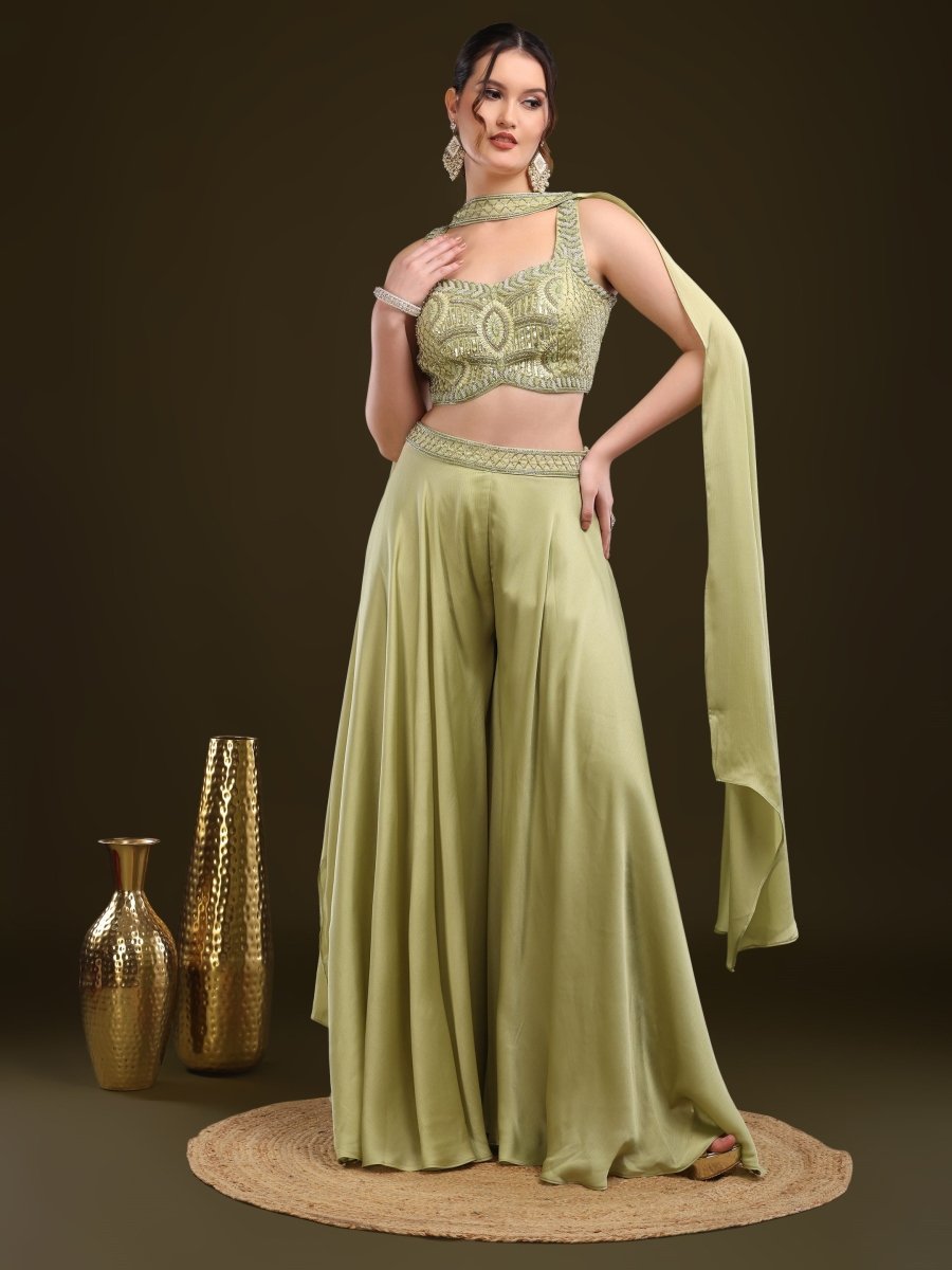 Pista Green Embroidered Crop Top with Palazzo & Draped Dupatta Set - CLOHI