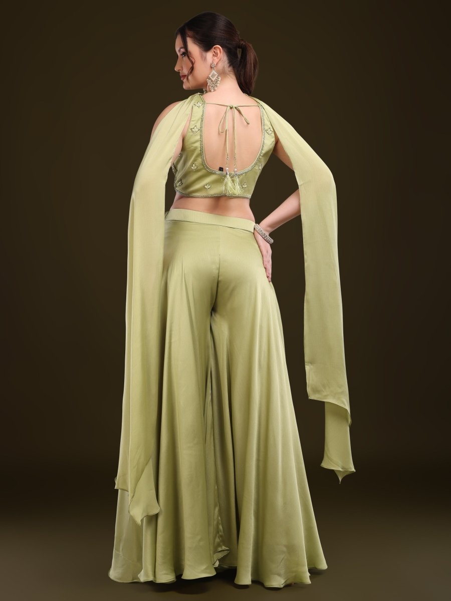Pista Green Embroidered Crop Top with Palazzo & Draped Dupatta Set - CLOHI