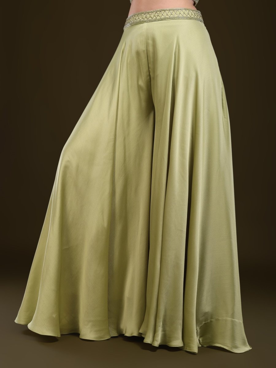 Pista Green Embroidered Crop Top with Palazzo & Draped Dupatta Set - CLOHI