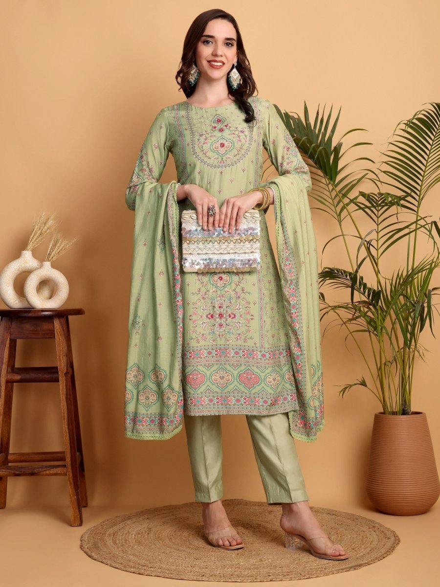 Pista Green Embroidered Kurta Set | Mughal Floral Print | Chanderi Dupatta - CLOHI