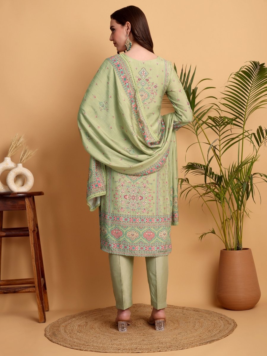 Pista Green Embroidered Kurta Set | Mughal Floral Print | Chanderi Dupatta - CLOHI