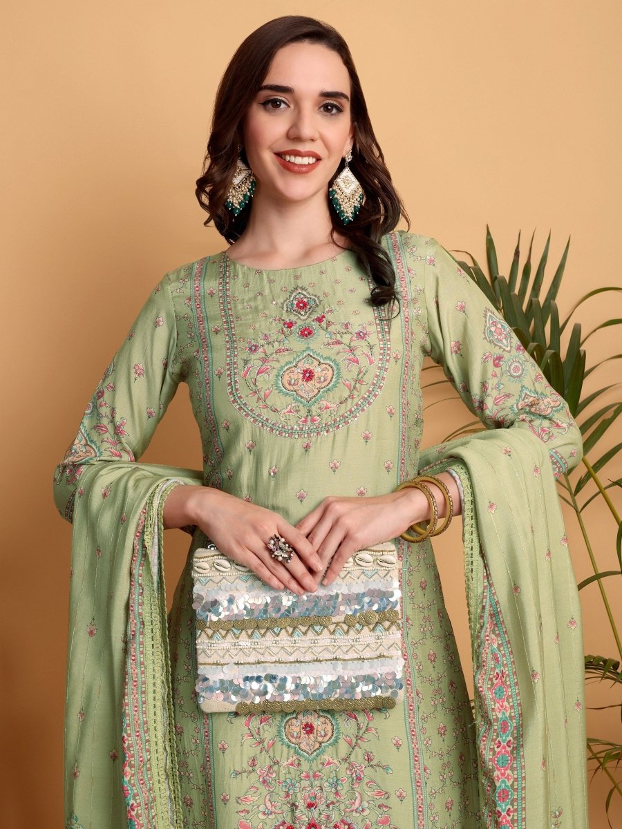 Pista Green Embroidered Kurta Set | Mughal Floral Print | Chanderi Dupatta - CLOHI