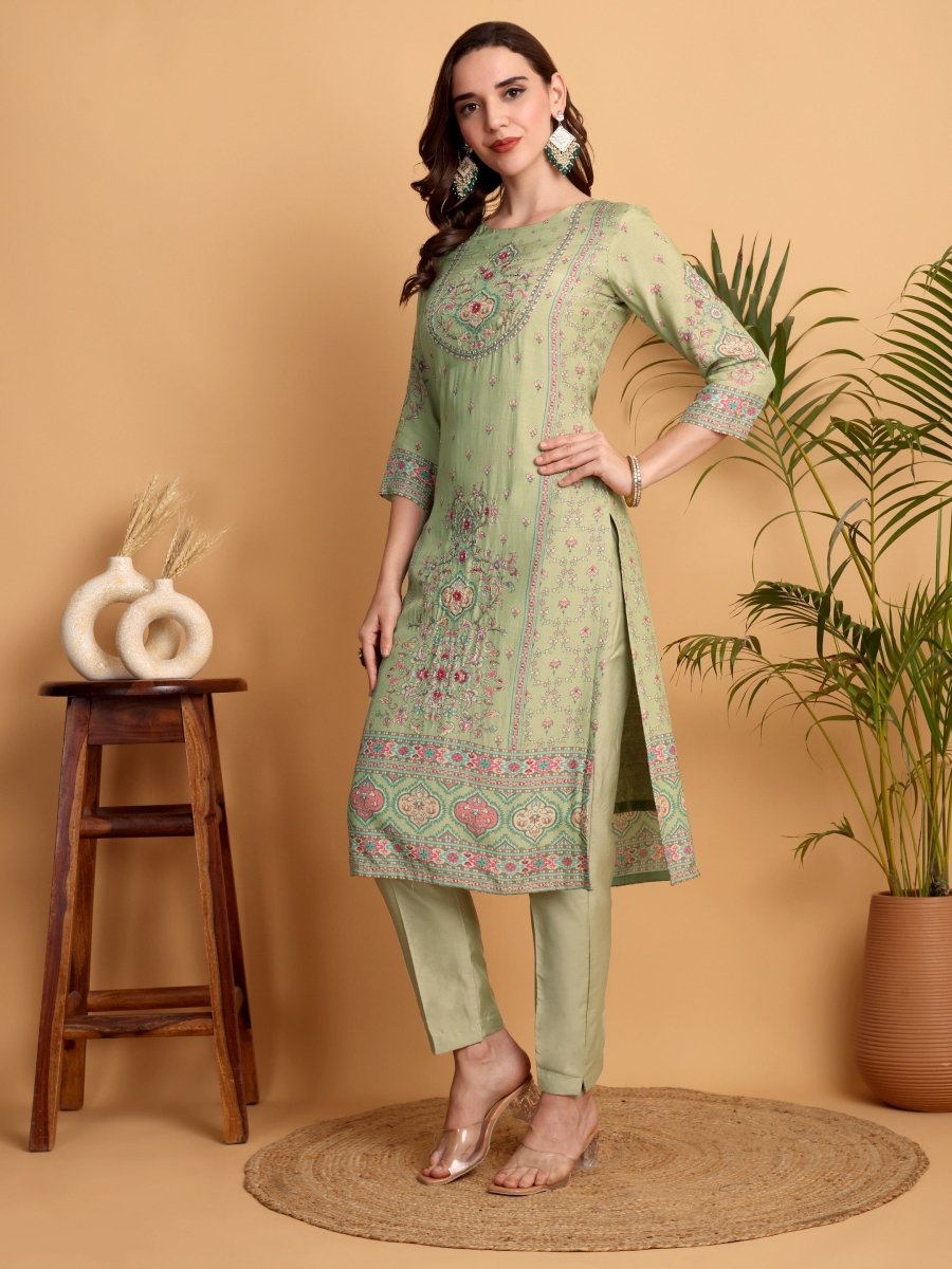 Pista Green Embroidered Kurta Set | Mughal Floral Print | Chanderi Dupatta - CLOHI