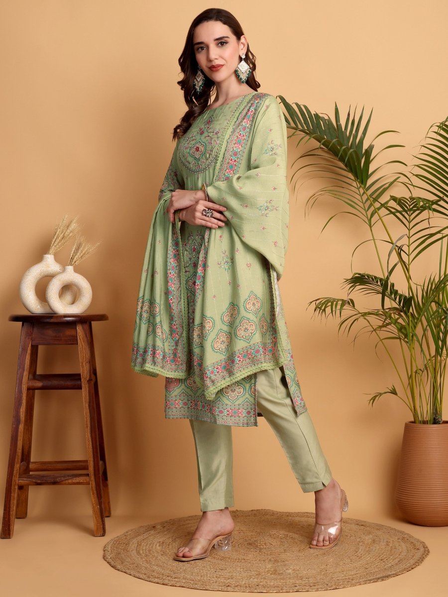 Pista Green Embroidered Kurta Set | Mughal Floral Print | Chanderi Dupatta - CLOHI