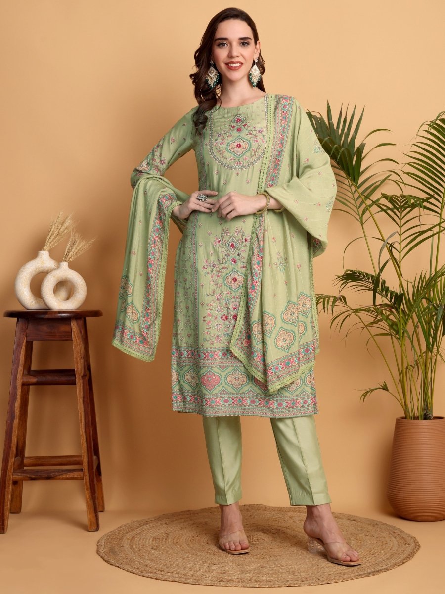 Pista Green Embroidered Kurta Set | Mughal Floral Print | Chanderi Dupatta - CLOHI